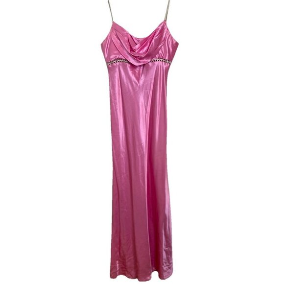 Vintage Cache Pink Y2K Satin Long Bias Cut Prom Slip Dress Gown Rhinestone Sz 6 - Picture 12 of 12
